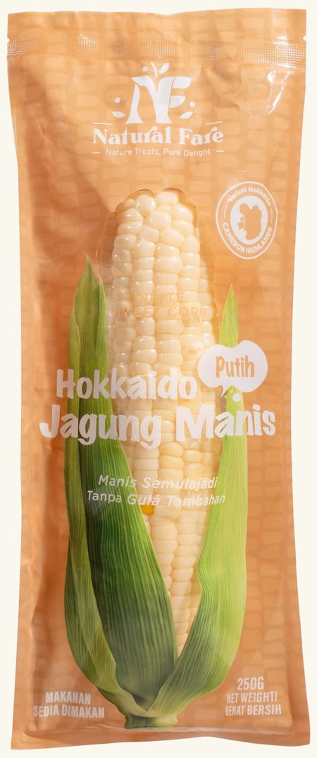 The Natural Fare White Sweet Corn pack, the corn visible through its clear window