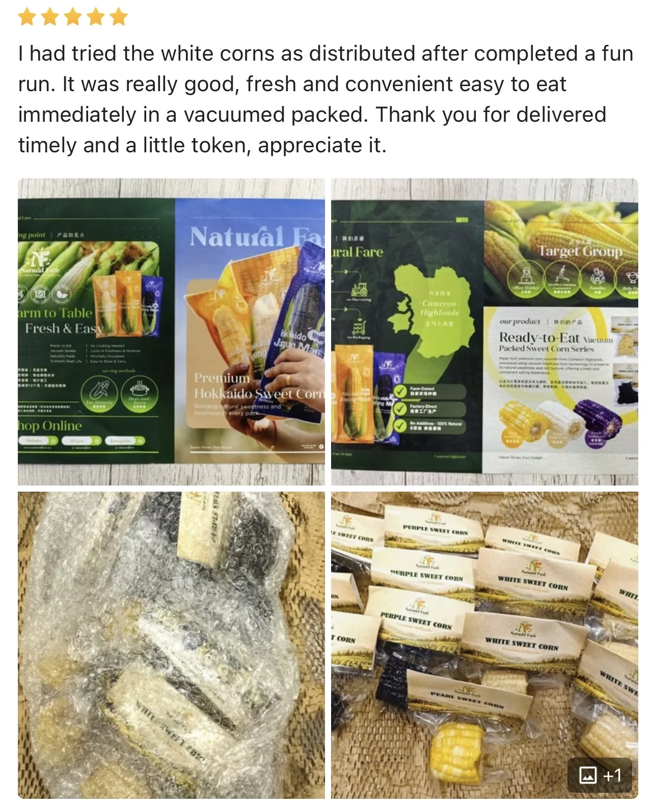Shopee review with the customer's photos of the delivery: white corn first tried after a fun run, fresh and convenient to eat straight from the pack.