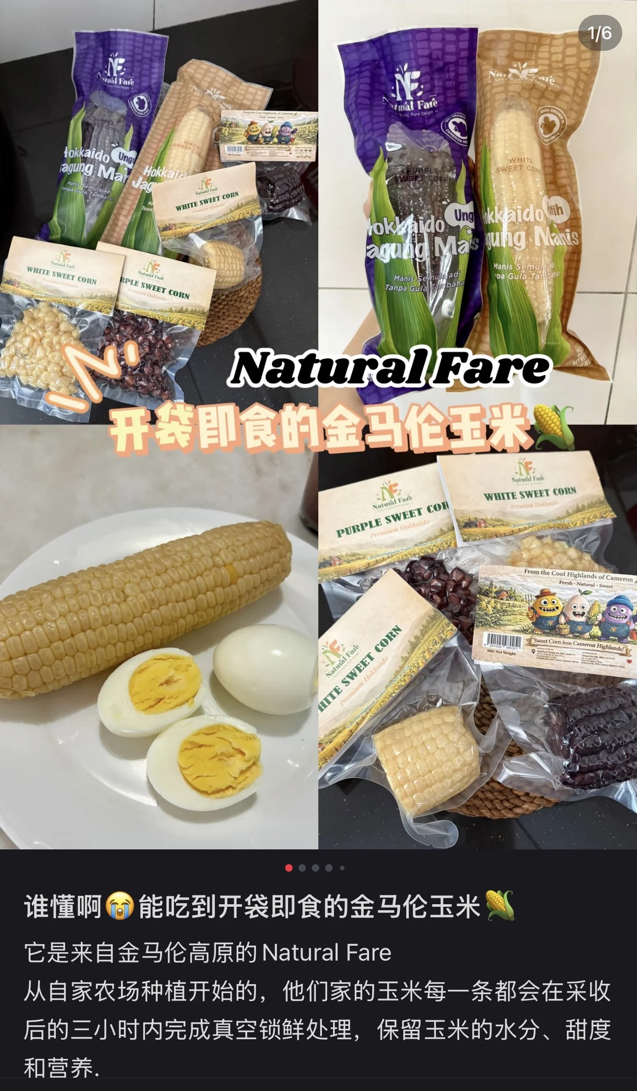 Xiaohongshu post: the customer's photos of the corn packs and a plate with white corn and eggs, about open-and-eat corn from Cameron Highlands.